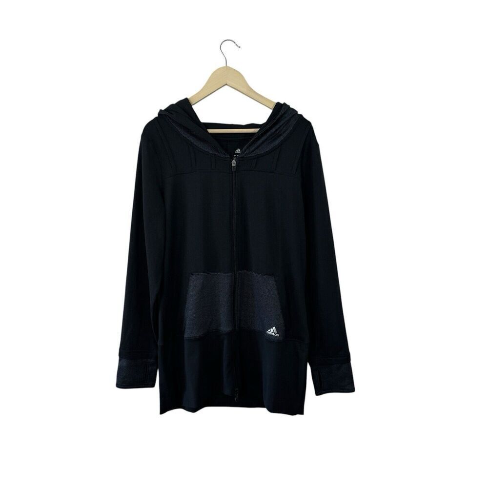 Adidas Large Tunic Top Black Full Zip Stretch Hooded Long Sleeve Athletic Womens